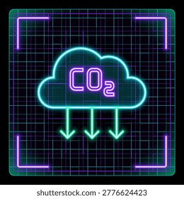 Neon cloud icon with CO2 symbol and downward arrows. Visualizes carbon dioxide reduction concept. Editable strokes graphic style