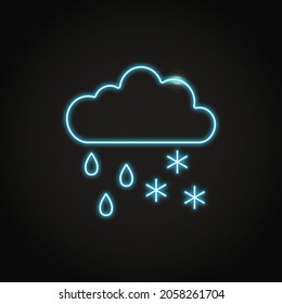 Nube de neón con lluvia e icono de nieve en línea. Símbolo de precipitación. Ilustración vectorial.