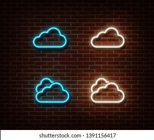 Neon cloud sign vector isolated on brick wall. Weather color light symbol, decoration effect. Neon cloud illustration.