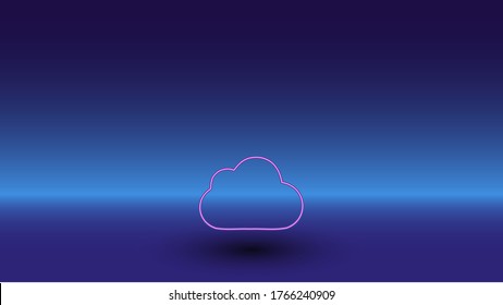 Neon cloud symbol on a gradient blue background. The isolated symbol is located in the bottom center. Gradient blue with light blue skyline