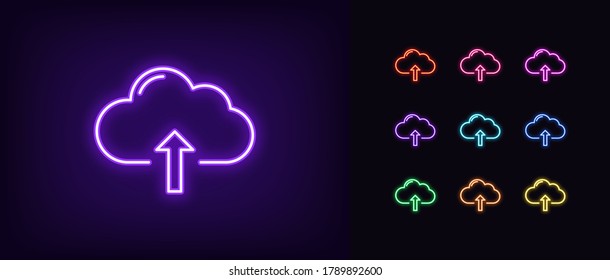 Neon cloudy upload icon. Glowing neon cloud storage sign, set of isolated network server service in vivid colors. Cloud uploading data platform. Icon, sign, symbol for UI design. Vector illustration