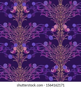 Neon Clover field seamless pattern. Cool psychodelic turquoise purple gamma. St. Patrick's unconventional festive background. PS10 vector illustration.
