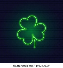 Neon Clover. Patrick's Day. A Leaf of Clover. Green icon of the Irish Shamrock for St. Patrick's Day. Neon design element for banner, website, letter, pub.