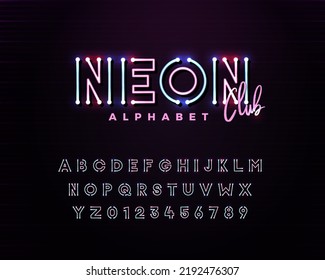 Neon Club led light 3d alphabet. Retro futuristic technology original type font. Blue and pink color Vector typeface. Modern typography elements based on clubs, discos, music events, games, trendy, er