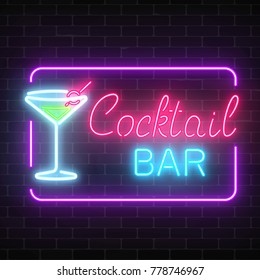 Neon Cocktail Bar And Cafe Glowing Sign With Geometrical Frame On A Brick Wall Background. Glow Gas Advertising With Glass Of Cocktail. Drinking Canteen Banner. Vector Illustration.