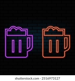 Neon cocktail bar sign on dark brick wall background. Bright gas advertising with alcohol shake glasses. Canteen drinking banner. Invitation to the night club. Vector illustration..