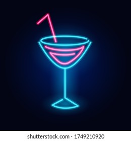 Neon cocktail. Fashion sign. Night light signboard, Glowing banner. Summer emblem. Club Bar logo on dark background. Alcohol drink with an umbrella in a glass.