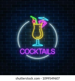 Neon cocktail glass sign in circle frame on dark brick wall background. Glowing gas advertising with glass of alcohol shake. Drinking canteen banner. Night club invitation. Vector illustration.