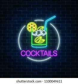 Neon cocktail glass sign in circle frame on dark brick wall background. Glowing symbol of glass with alcohol shake. Drinking canteen banner. Night club invitation. Vector illustration.