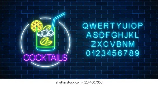 Neon cocktail glass sign in circle frame with alphabet on dark brick wall background. Glowing symbol of glass with alcohol shake. Drinking canteen banner. Night club invitation. Vector illustration.