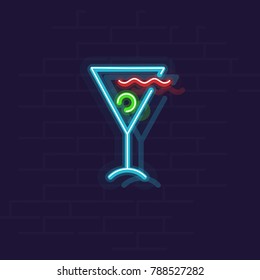 Neon cocktail. Margarita or martini served in glass cocktail bar sign. Isolated geometric style illustration on brick wall background.