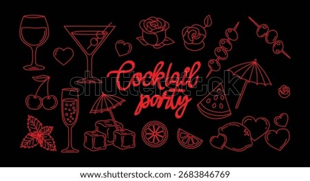 Neon cocktail party elements and text drink, bar, martini, champagne, fruit, umbrella, celebration, nightlife, refreshment, joy, fun, happy , excitement on black background.