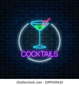 Neon cocktail sign in circle frame on dark brick wall background. Glowing gas advertising with glass of alcohol shake. Drinking canteen banner. Night club invitation. Vector illustration.