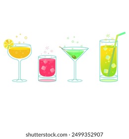 Neon cocktails alcoholic beverages or soda in different glasses and glasses. Vector illustration several glasses of wine glasses with red yellow and green cocktails. bubbles over a glass and a
