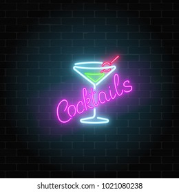 Neon cocktails bar or cafe sign on dark brick wall background. Glowing gas advertising with glass of alcohol shake. Drinking canteen banner. Vector illustration.