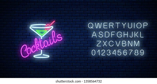 Neon cocktails bar or cafe sign with alphabet on dark brick wall background. Glowing gas advertising with glass of alcohol shake. Drinking canteen banner. Vector illustration.