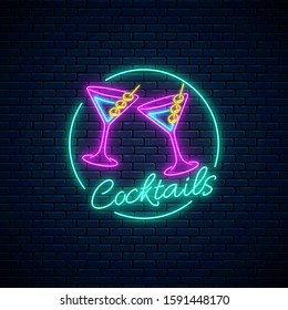 Neon cocktails bar sign. Karaoke night club logo with glasses of alcohol shake. Vector. Drinking canteen banner. Night club invitation. Two cocktail glasses in circle frame with text.