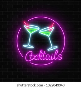 Neon cocktails bar sign on dark brick wall background. Glowing gas advertising with glasses of alcohol shake. Drinking canteen banner. Night club invitation. Vector illustration.