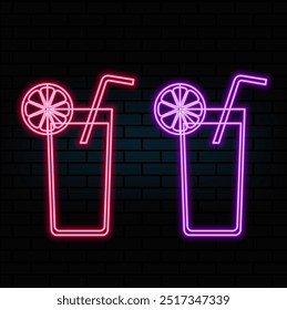 Neon cocktails bar sign on dark brick wall background. Glowing gas advertising with glasses of alcohol shake. Drinking canteen banner. Night club invitation. Vector illustration..