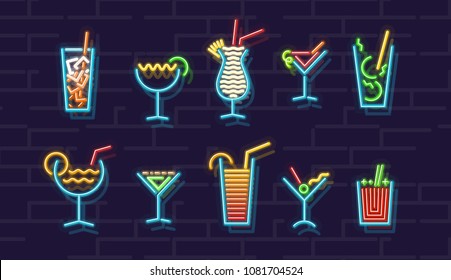 Neon cocktails icons set. Ten popular alcoholic isolated geometric cocktails on brick wall background.