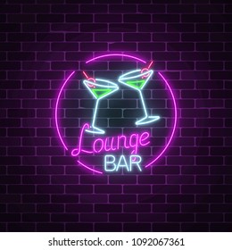 Neon Cocktails Lounge Bar Sign On Dark Brick Wall Background. Glowing Gas Advertising With Glasses Of Alcohol Shake. Drinking Canteen Banner. Night Club Invitation. Vector Illustration.