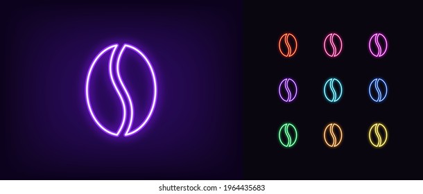 Neon coffee bean icon. Glowing neon coffee seed sign, outline wholegrain bean pictogram and silhouette in vivid colors. Organic product, coffee shop. Vector icon set, sign, symbol for UI