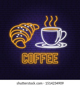 Neon coffee and croissant retro sign on brick wall background. Design for cafe, restaurant. Vector illustration. Neon design for pub or fast food business. Light sign banner. Glass tube.