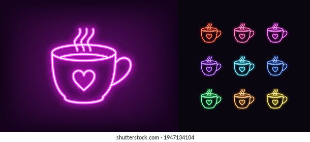 Neon coffee cup icon. Glowing neon tea cup with heart sign, outline mug symbol and silhouette in vivid colors. Hot drink with aroma, cappuccino, espresso, latte. Vector icon set, sign, pictogram