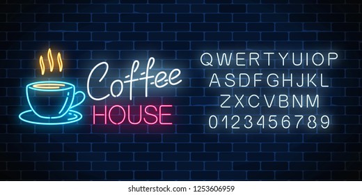 Neon coffee house signboard with alphabet on a dark brick wall background. Hot drink and food cafe sign. Vector illustration.