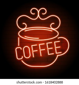 Neon Coffee Mug On A Brick Wall . Sign For Cafes, Restaurants, Bars, Pubs.
