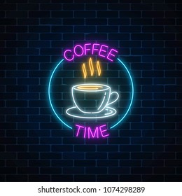 Neon coffee time glowing sign in circle frame on a brick background. Hot drink cafe inviting signboard design.