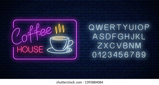 Neon coffee time glowing sign in rectangle frame with alphabet on a brick background. Hot drink cafe inviting signboard design. Vector illustration.