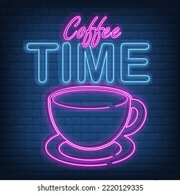 Neon coffee time glowing sign on a brick background. Hot drink cafe inviting signboard design. Vector illustration.