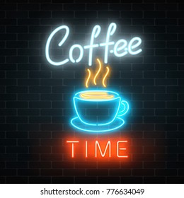 Neon coffee time glowing sign on a brick background. Hot drink cafe inviting signboard design. Vector illustration.