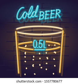 Neon cold beer glass and handwritten lettering. Night illuminated wall street sign. Square illustration on brick wall background.