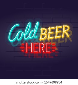 Neon cold beer here typography. Night illuminated wall street pub or bar sign. Square illustration on brick wall background for social networks.