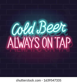 Neon cold beer typography. Isolated vector glowing handwritten lettering on brick wall background. Square illustration for social network, poster.