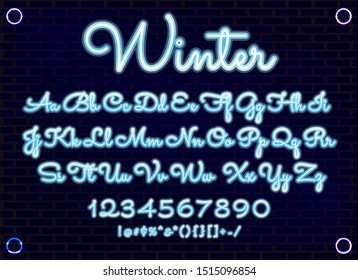 Neon cold blue vector font light alphabet (uppercase and lowercase), multicolored glowing alphabet. Bright light neon letters, numbers and symbols. Night club letters on a dark brick wall.