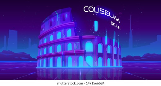 Neon Coliseum on retro sci-fi glowing background in futuristic synth retro wave style. Famous italian monument culture ladmark, antique building ruines, virtual reality Cartoon vector illustration