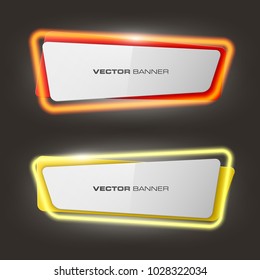 Neon colloquial. Speech bubble banner. Nameplate neon shape. Rectangle form advertising banner poster. Flat title banner image. Advertising neon shape. label ribbon tag. Straight arrow ribbon banner