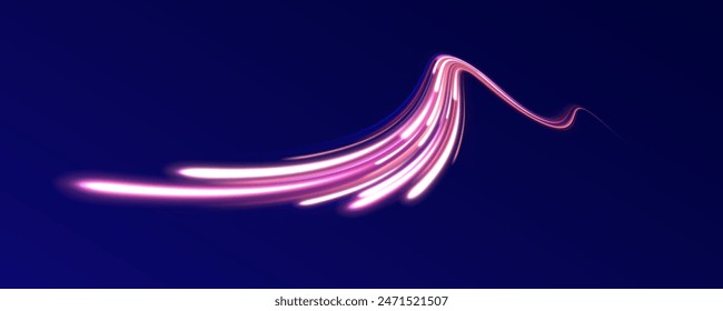 Neon color blurred freeway traffic in a large set. Futuristic neon light line trails. High speed effect motion blur night lights blue and red. City road car light trails motion background.	