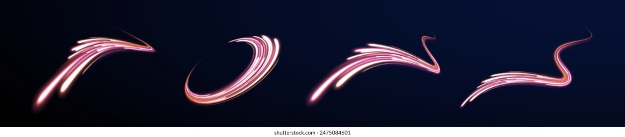 Neon color blurred freeway traffic in a large set. Futuristic neon light line trails. High speed effect motion blur night lights blue and red. City road car light trails motion background.	