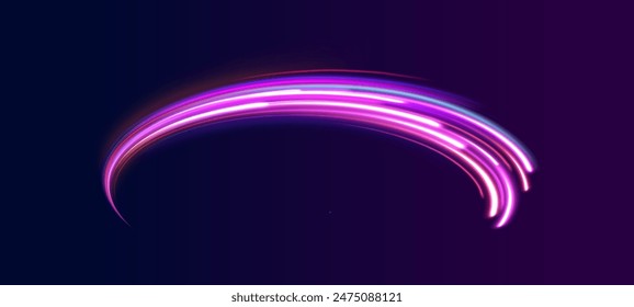 Neon color blurred freeway traffic in a large set. Futuristic neon light line trails. High speed effect motion blur night lights blue and red. City road car light trails motion background.	