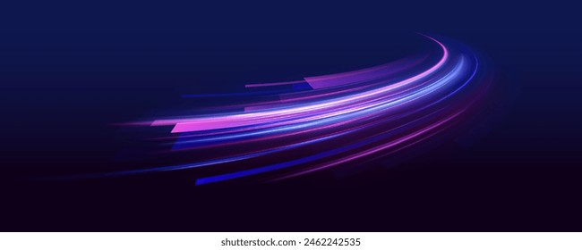 Neon Color Blurred Motion On Speedway. Acceleration speed motion on night road. Concept of leading in business, Hi tech products, warp speed wormhole science vector design.	