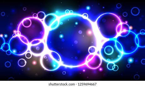 Neon color bright bubbles, abstract multicolor background with circles, sparkles and bokeh
