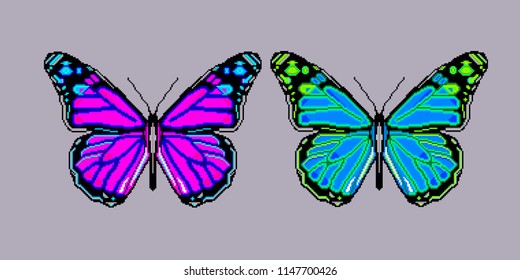 Neon color butterfly.Pixel art. Vector Illustration isolated on  background.