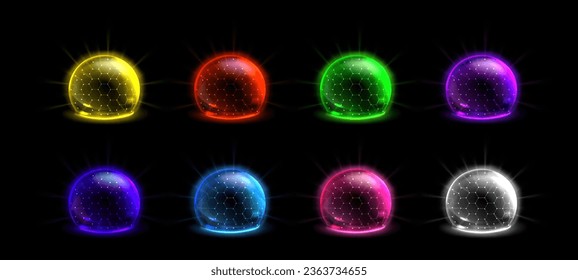 Neon color dome shields set isolated on black background. Vector realistic illustration of glowing 3D spheres with mesh surface, communication technology, data protection system, barrier effect