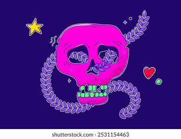 Neon color doodle groovy scull sticker. Punk kawaii elements.