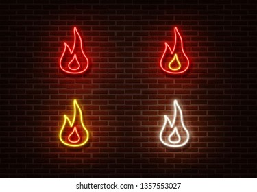 Neon color fire sign vector isolated on brick wall. Flame light symbol, decoration effect. Neon fire illustration.