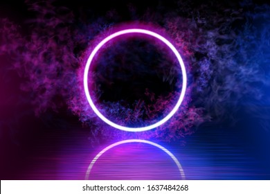 Neon color geometric circle on a dark background. Round mystical portal, luminous line, neon sign. Reflection of blue and pink neon light on the floor. Rays of light in the dark, smoke. Vector.